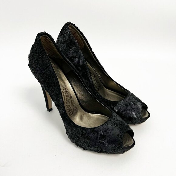Salvatore Ferragamo Black Satin and Sequins Embellished Peep  salvatore ferragamo Black Sequins Embellished And Satin Peep Toe Platform Pumps